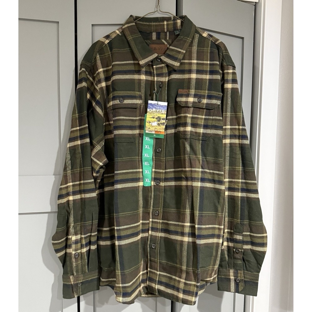 Orvis Shirt Mens Size XL Green Plaid Flannel Shacket Chore Pockets Workwear